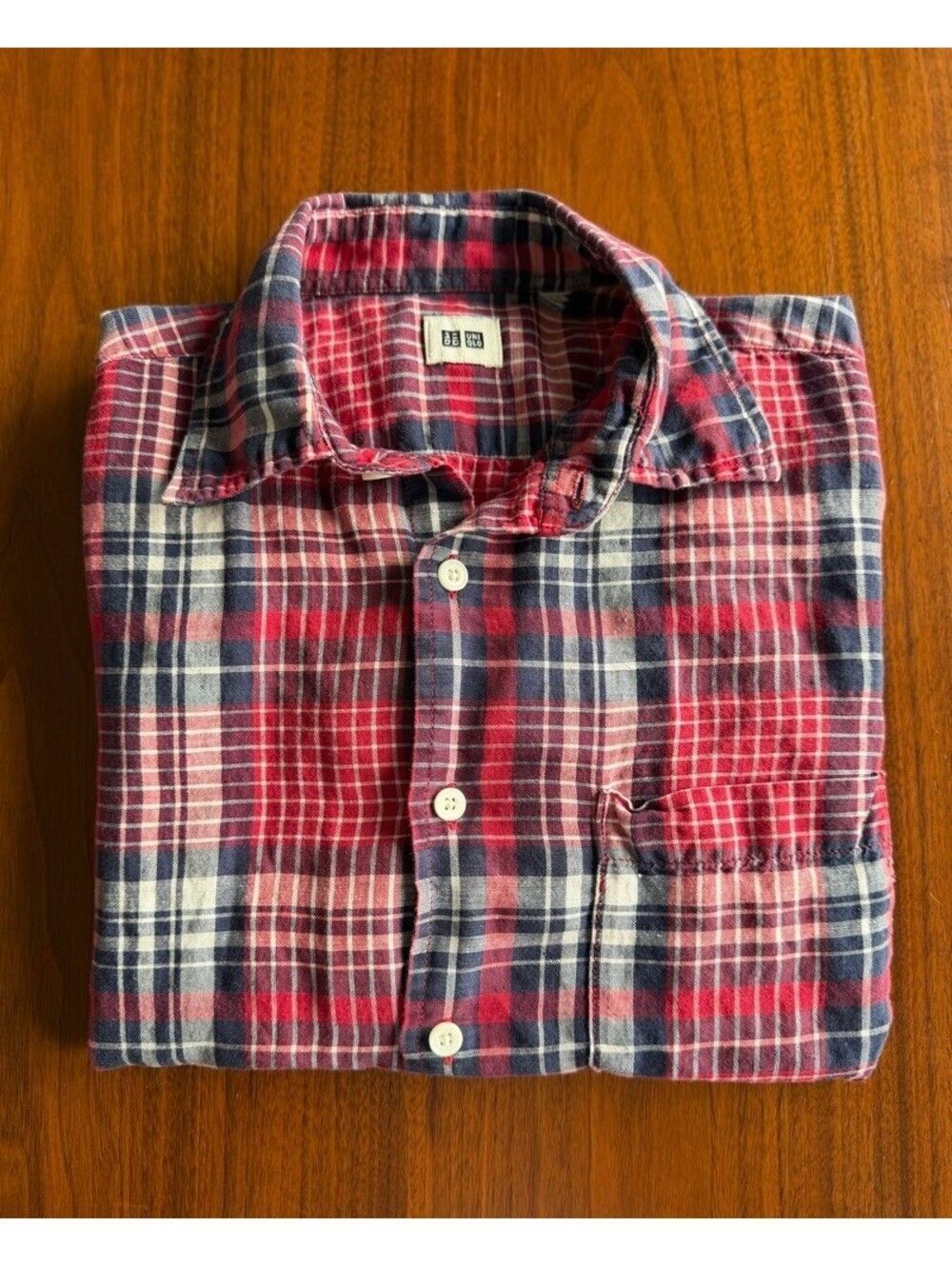 Uniqlo Men's Red & Blue Plaid Short Sleeve Button Down - Size S